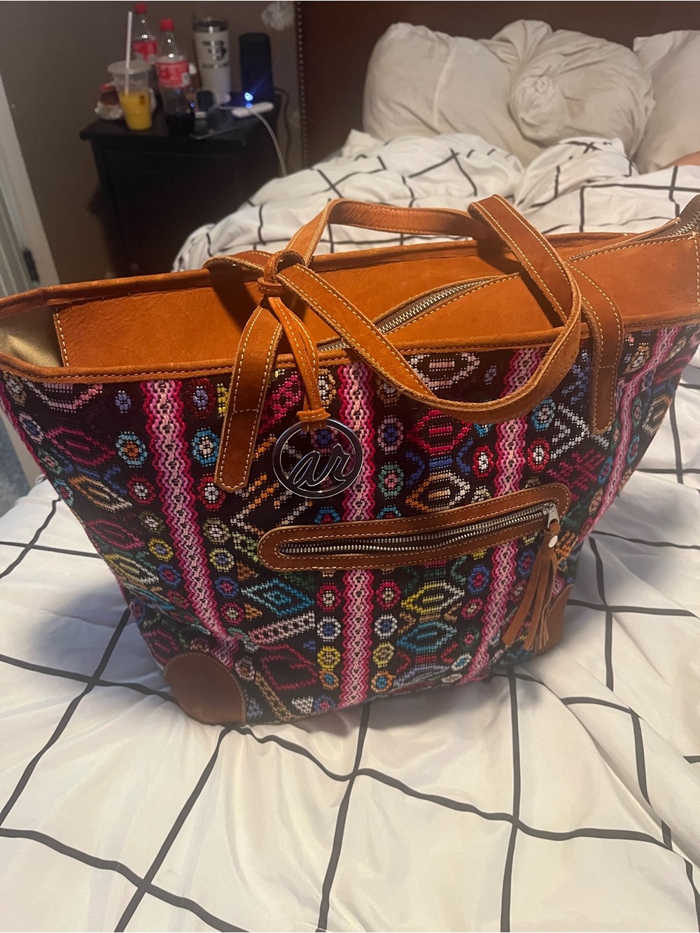 Nena & Co. Multicolor Woven Tote with Brown Trim